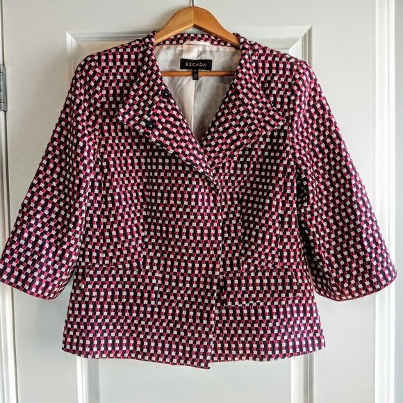 Escada Convertible Collar Metallic Check Print Peplum Blazer - Picture 2 of 9